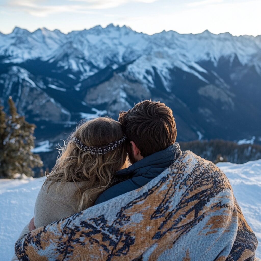 Couple on a snowy mountain overlook, wrapped in a blanket with a stunning view of snow-capped peaks, perfect for a romantic winter proposal.