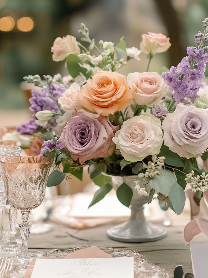 A delicate rustic wedding color palette of soft peach, lavender, and sage green, creating a romantic and serene atmosphere for spring or summer celebrations in gardens or barns.