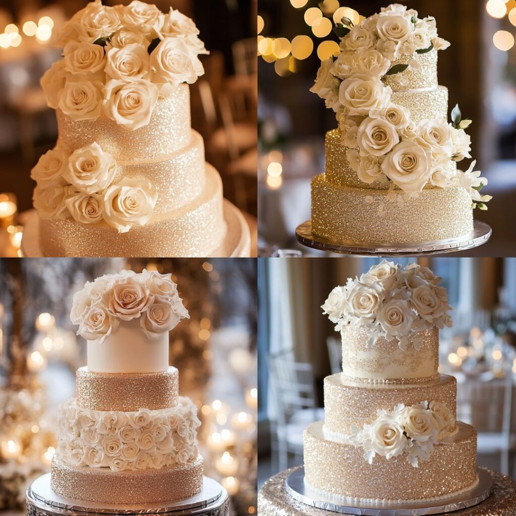 A glamorous champagne-infused wedding cake with shimmering edible glitter, topped with white roses, adding a festive, sparkling touch for winter weddings.