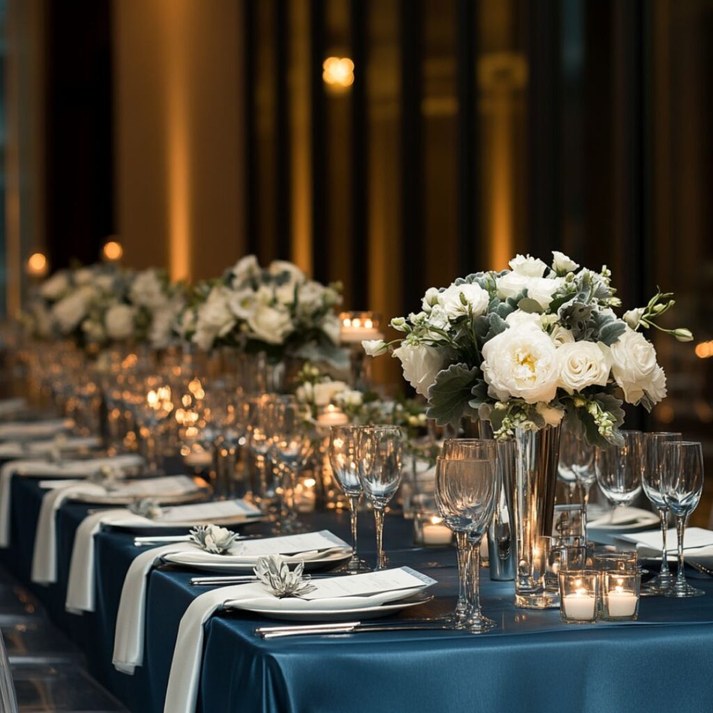 Winter wedding tablescape with steel blue table runners and white floral arrangements; bridesmaids in steel blue gowns with white accents, creating a modern, refined look.