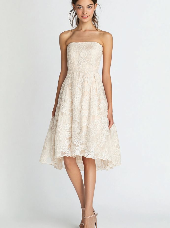 A strapless A-line wedding guest dress featuring a lace overlay, blending elegance with rustic charm for a timeless look.
