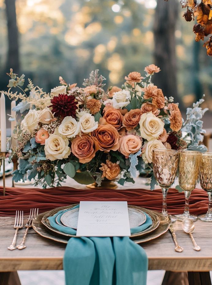 A sophisticated rustic wedding palette combining teal, rust, and taupe, ideal for fall weddings with contrasting tones in floral arrangements, linens, and rustic decor.