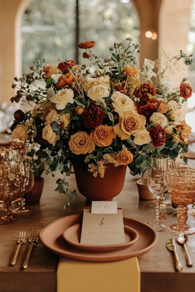 Rustic wedding color palette featuring terracotta, mustard, and olive green with pottery centerpieces, floral arrangements, and natural textures for a bold and cozy look.