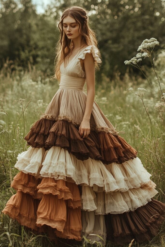 Layered tiered skirt dress in earthy tones, offering rustic elegance for semi-formal countryside weddings.
