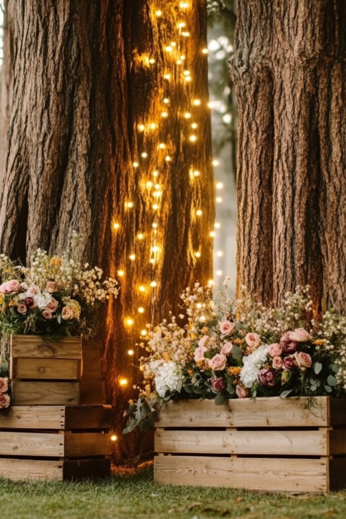 A natural rustic wedding backdrop featuring large tree trunks, glowing string lights, and floral accents atop wooden crates for an outdoor woodland vibe.