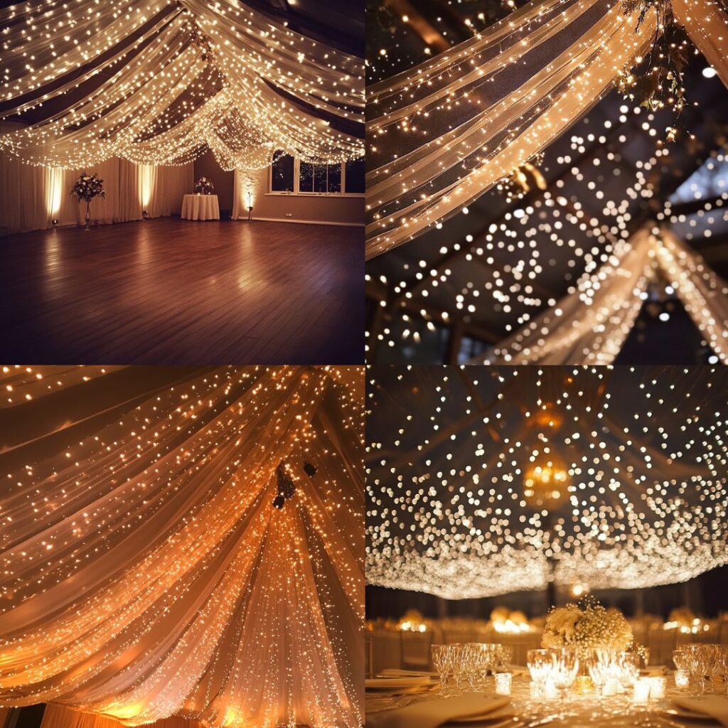Winter wedding ceiling draped with twinkling fairy lights, creating a warm, starlit ambiance indoors, perfect for a magical winter wonderland feel.