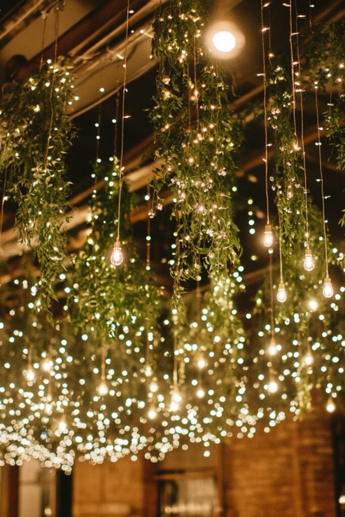 Ceiling adorned with strands of twinkling fairy lights and greenery, creating a cozy, magical atmosphere for a winter wedding.