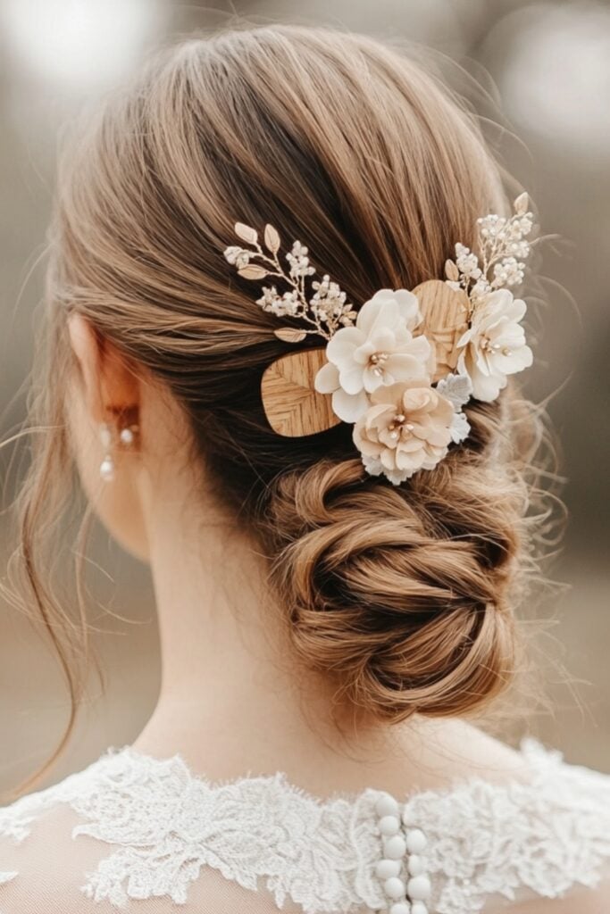 A bride sporting a twisted low ponytail accented with a wooden and floral hair comb, ideal for a chic and rustic wedding look.