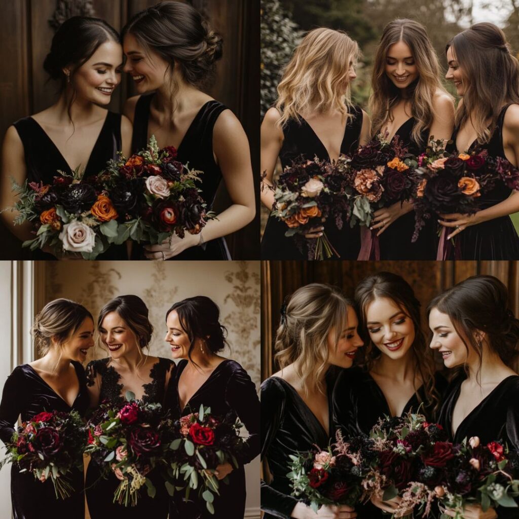 Bridesmaids wearing luxurious black velvet dresses, complemented by dark floral bouquets, perfect for a sophisticated winter wedding aesthetic.