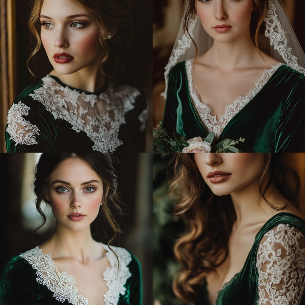 Close-up of a bride in a rich, emerald velvet wedding dress with delicate lace sleeves, perfect for adding warmth and elegance to a winter wedding.