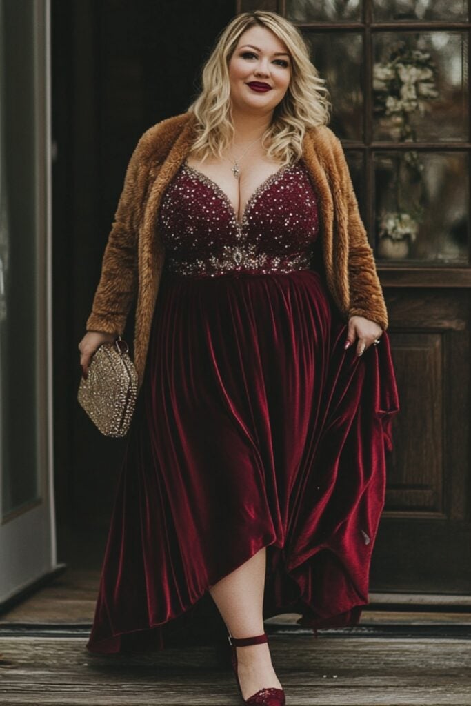 Plus-size guest wearing a garnet velvet fit-and-flare dress with embellishments, paired with ankle boots and a faux fur jacket for a cozy winter wedding.