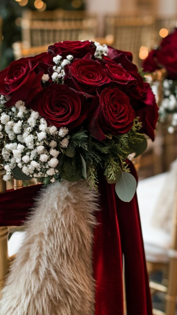 Deep burgundy velvet ribbons and faux fur wraps draped on aisle chairs, accented with roses and baby’s breath for a luxurious winter wedding.