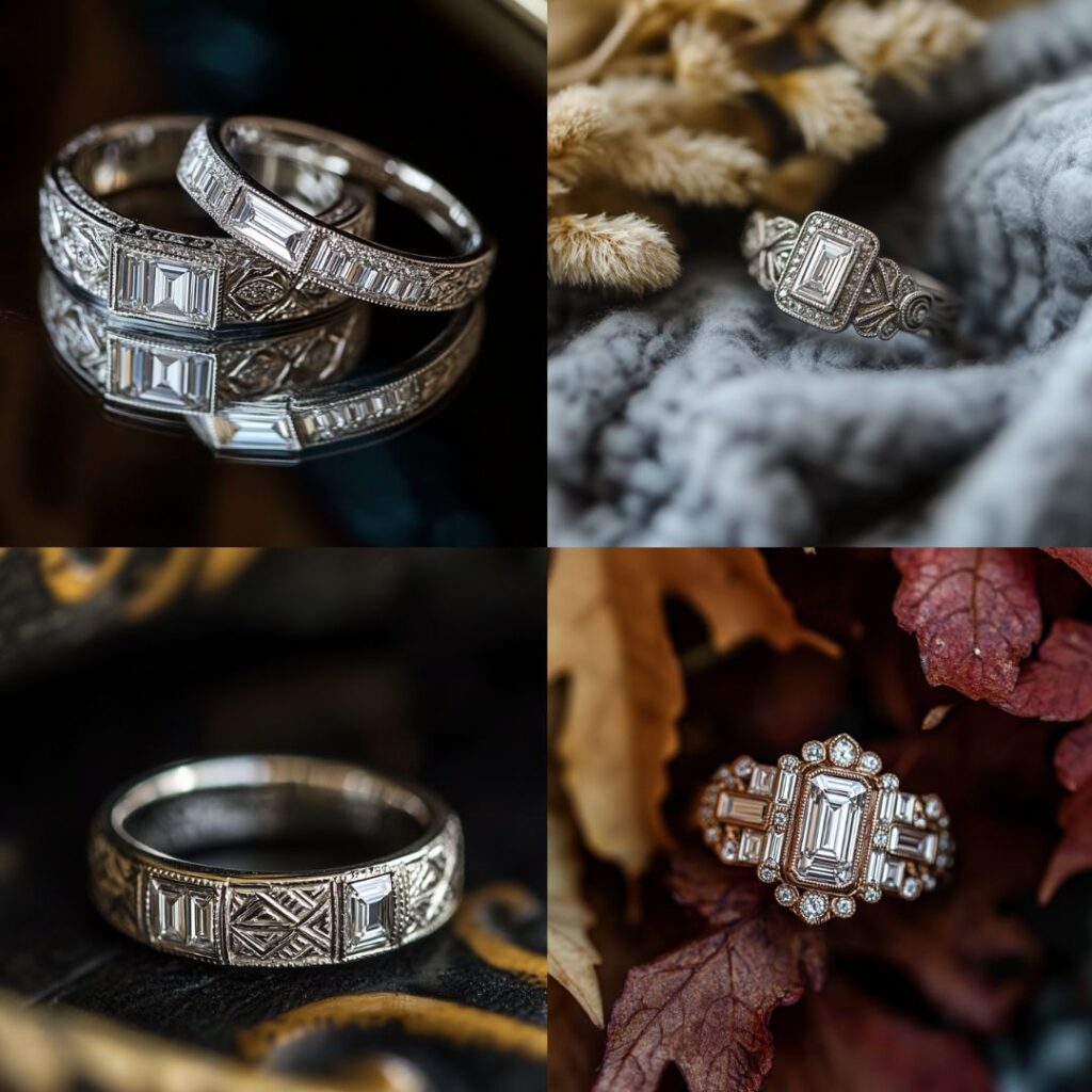 A vintage-inspired Art Deco wedding ring with intricate designs and baguette diamonds, evoking winter's timeless elegance.