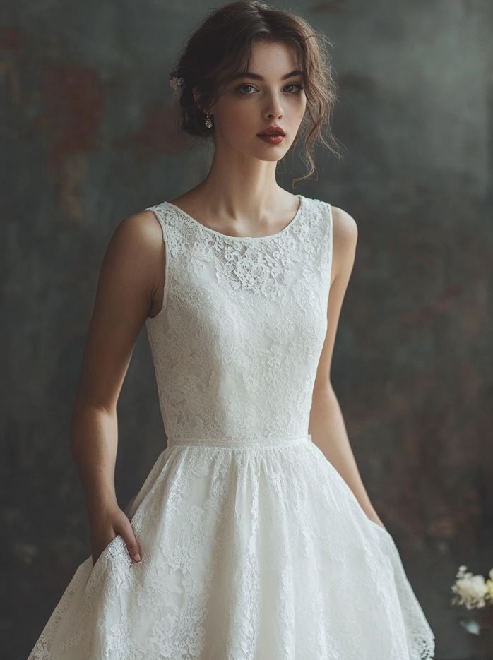 A vintage tea-length dress with lace accents, offering a charming retro look with a playful silhouette ideal for rustic weddings.