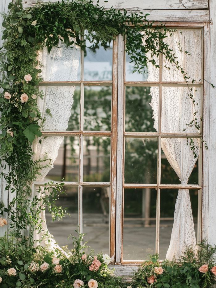 Rustic vintage window pane backdrop adorned with greenery, wildflowers, and lace curtains for a nostalgic wedding atmosphere.