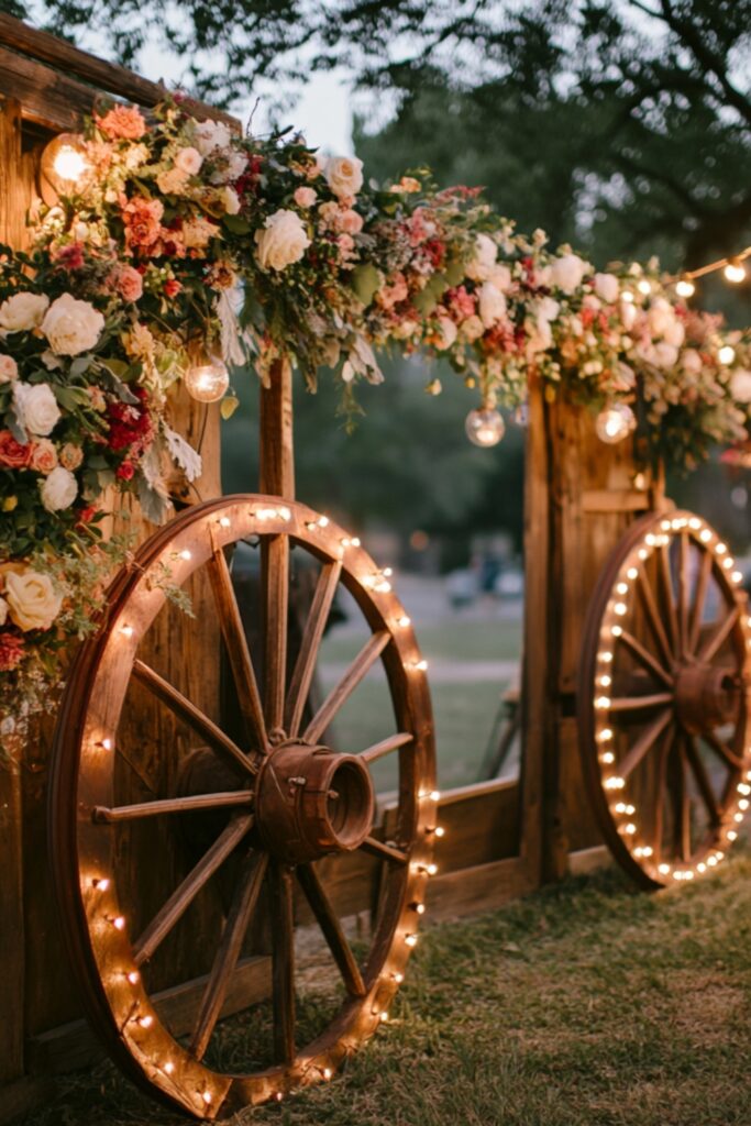 Vintage wagon wheels decorated with floral garlands and string lights, leaning against a wooden frame for a charming rustic wedding backdrop.