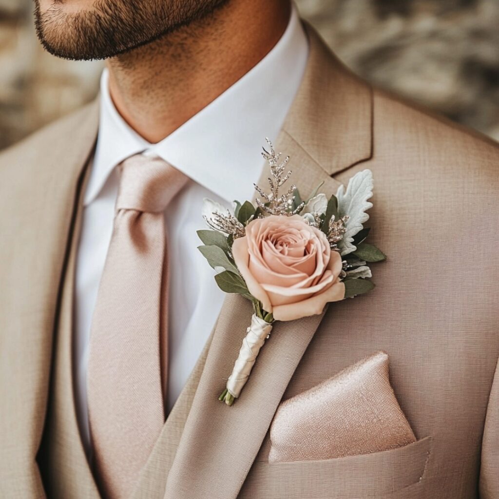 Groom wearing a champagne-colored suit with a blush tie, pocket square, and a boutonniere featuring a blush rose with silver foliage.