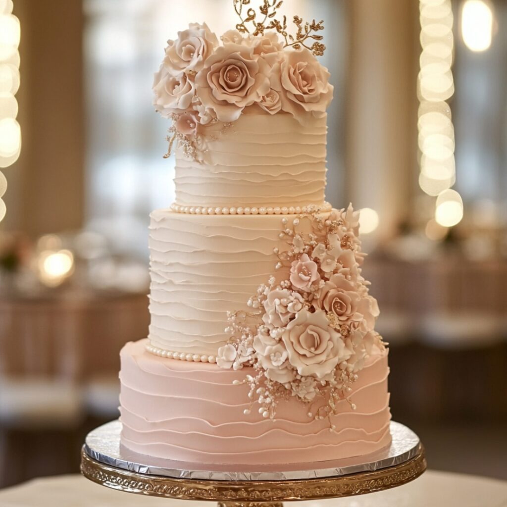 Tiered wedding cake with blush ombré frosting, edible champagne-colored pearls, blush sugar flowers, and a metallic gold topper.