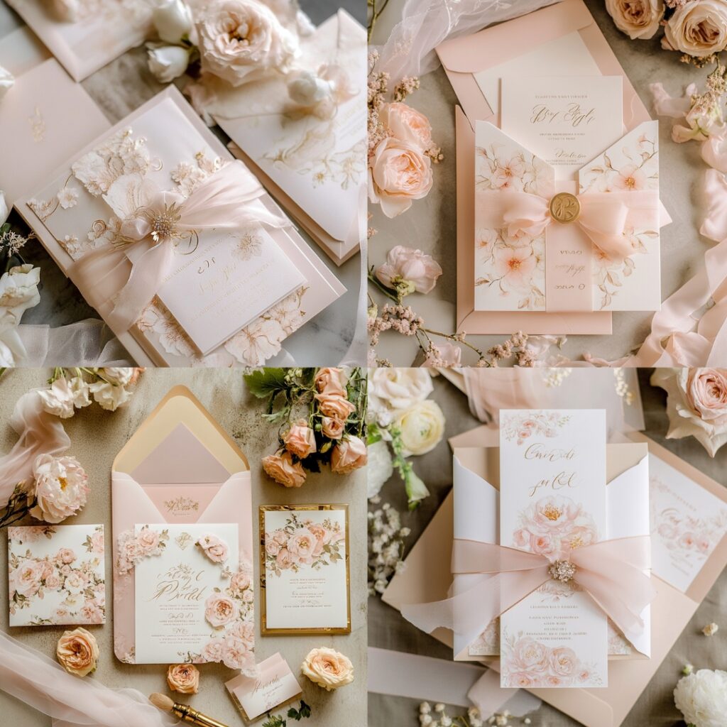 Champagne-colored wedding invitations with blush floral accents, gold foil details, and a vellum overlay tied with a blush silk ribbon.