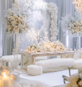 An elegant white winter wedding setup featuring a snowy backdrop, white floral arrangements, and cozy faux fur accents, creating a magical and serene atmosphere for a winter wonderland celebration.