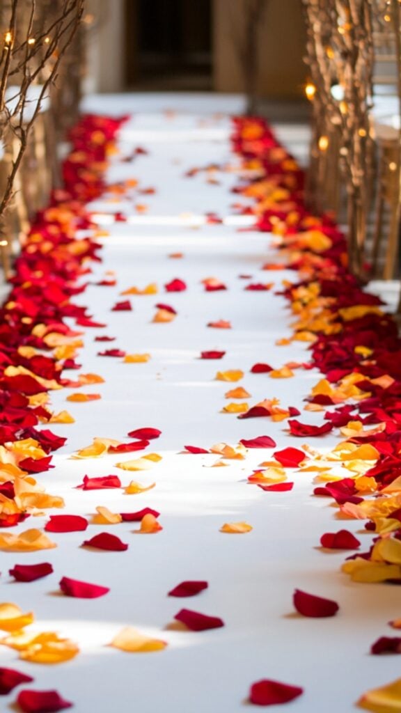 Plush white carpet wedding aisle scattered with vibrant red and metallic gold rose petals for an elegant and seasonal winter look.