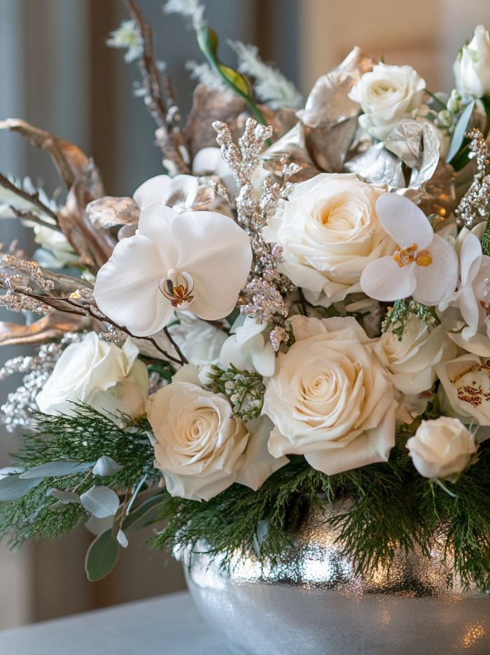 Winter floral arrangement featuring lush white roses and orchids, complemented by silver-painted foliage and metallic vases.