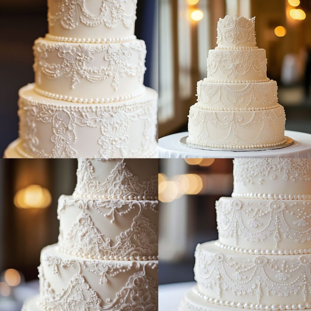 An elegant wedding cake adorned with intricate white lace piping and edible pearl-like beads, creating a vintage-inspired look perfect for formal winter weddings.