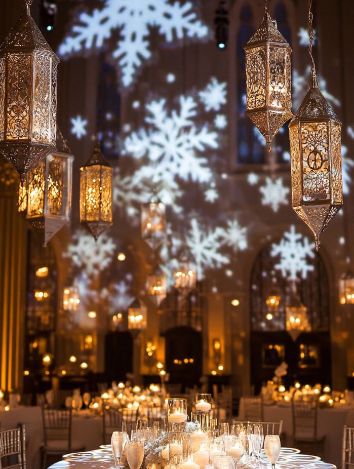 A magical wedding setting illuminated by soft white fairy lights, silver lanterns, and projected snowflake patterns creating a cozy winter glow.