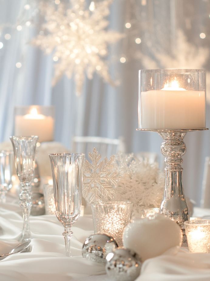 White and silver wedding decor including snowflakes, silver candle holders, draped white fabric, and mirrored surfaces, creating a serene winter wonderland ambiance.