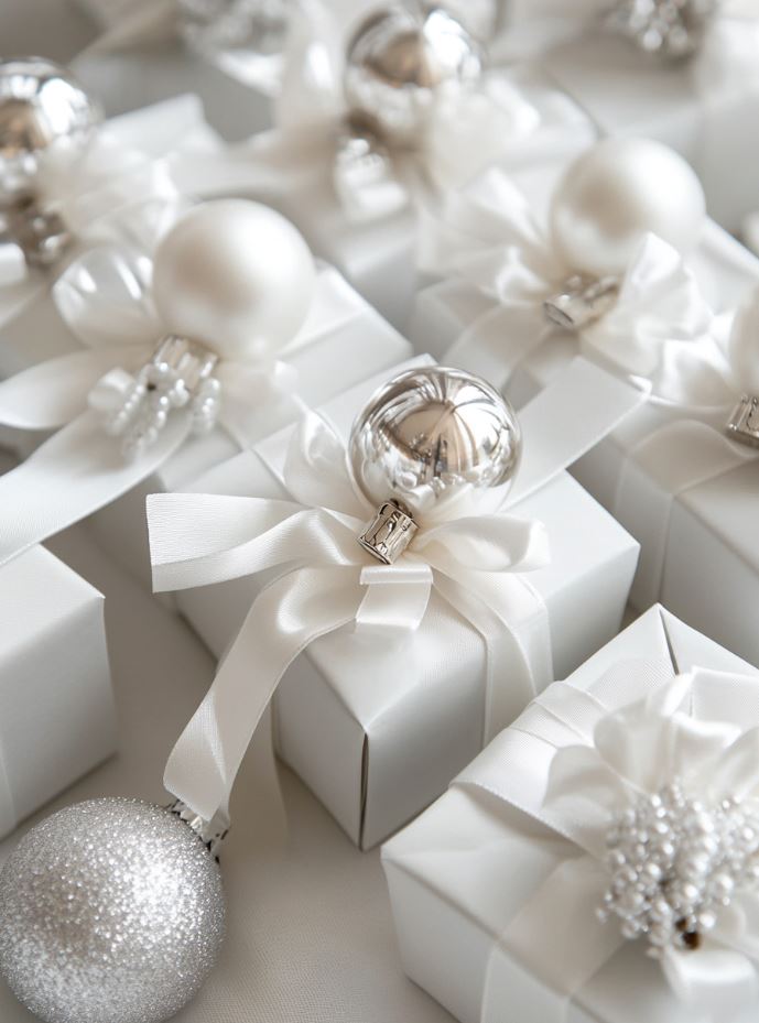Elegant wedding favors in white and silver, including personalized keychains, frosted glass ornaments, and silver-coated chocolates, wrapped in white ribbon.