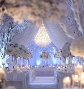 A beautiful wedding setup featuring white and silver decorations, capturing the elegance and charm of a winter wonderland.