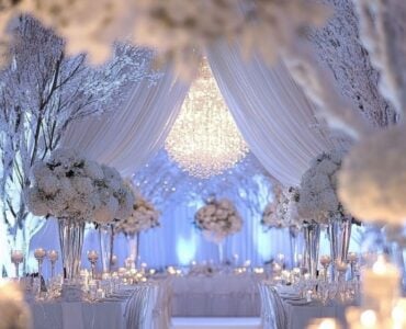 A beautiful wedding setup featuring white and silver decorations, capturing the elegance and charm of a winter wonderland.