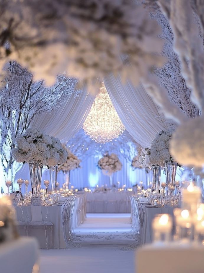 A beautiful wedding setup featuring white and silver decorations, capturing the elegance and charm of a winter wonderland.