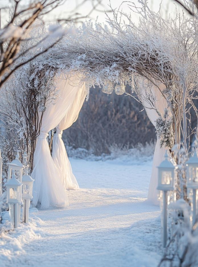 Wedding photo opportunity featuring white and silver-themed backdrops with frosty elements, silver branches, and a snowy outdoor setting, perfect for capturing magical moments.