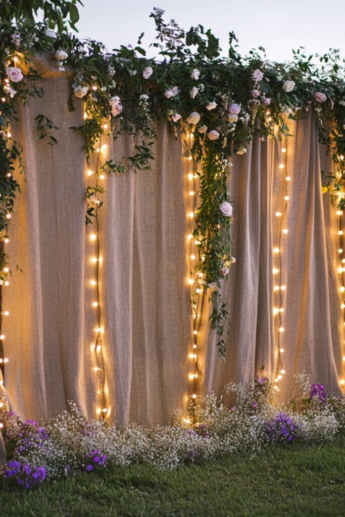A romantic rustic backdrop with burlap curtains and cascading wildflowers, enhanced by soft fairy lights for a whimsical outdoor wedding setting.