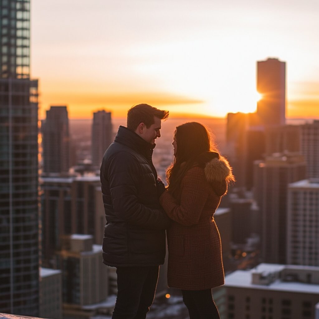 City skyline view at sunset, with a couple standing on a rooftop as one partner proposes, creating a sophisticated and urban setting for a winter engagement.