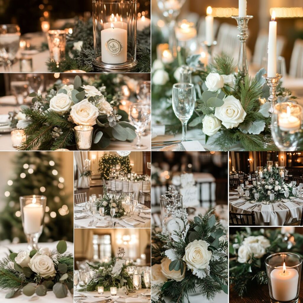 Elegant tablescape with winter greenery, white candles, and silver accents, featuring pine branches, eucalyptus, and white roses, creating a warm and sophisticated winter wedding setting.