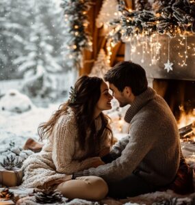 A romantic winter proposal scene featuring snowy landscapes, cozy fireplaces, and twinkling holiday lights, perfect for creating lasting memories of a love-filled moment.