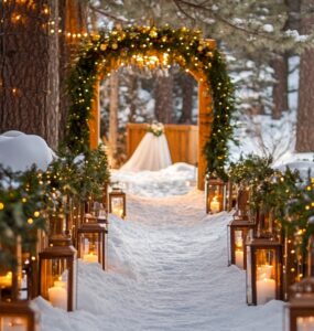 Snowy winter wedding aisle with soft lighting and evergreen garlands creating a magical and cozy ambiance, setting the tone for a dreamy ceremony.