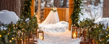 Snowy winter wedding aisle with soft lighting and evergreen garlands creating a magical and cozy ambiance, setting the tone for a dreamy ceremony.