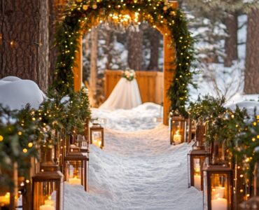 Snowy winter wedding aisle with soft lighting and evergreen garlands creating a magical and cozy ambiance, setting the tone for a dreamy ceremony.