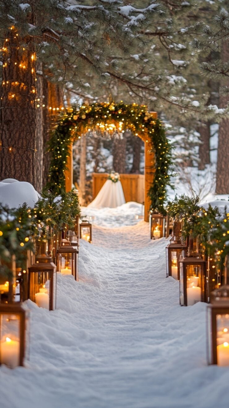 Snowy winter wedding aisle with soft lighting and evergreen garlands creating a magical and cozy ambiance, setting the tone for a dreamy ceremony.