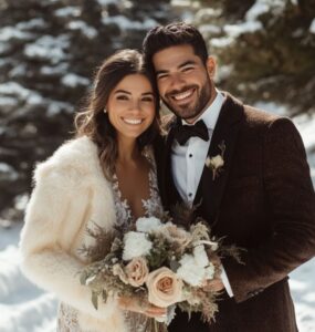 A happy couple in winter wedding attire, standing amidst a snowy landscape, looking stylish and cozy while celebrating their winter wedding with elegance and seasonal charm.