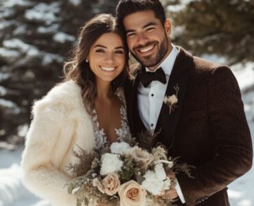 A happy couple in winter wedding attire, standing amidst a snowy landscape, looking stylish and cozy while celebrating their winter wedding with elegance and seasonal charm.