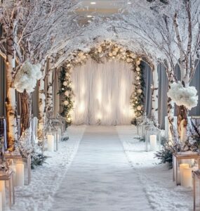 A description of winter wedding backdrop ideas, exploring enchanting ways to create a magical winter wonderland atmosphere, including snowflake arches, rustic evergreen settings, and other seasonal-inspired decor for an elegant and charming ceremony.