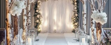 A description of winter wedding backdrop ideas, exploring enchanting ways to create a magical winter wonderland atmosphere, including snowflake arches, rustic evergreen settings, and other seasonal-inspired decor for an elegant and charming ceremony.