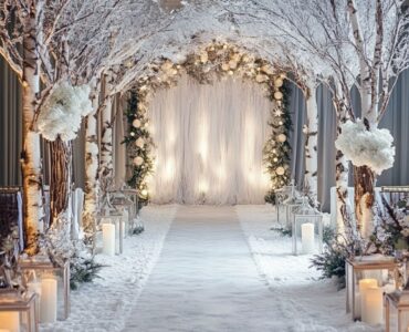 A description of winter wedding backdrop ideas, exploring enchanting ways to create a magical winter wonderland atmosphere, including snowflake arches, rustic evergreen settings, and other seasonal-inspired decor for an elegant and charming ceremony.