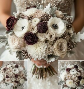 Winter wedding bouquet inspiration with white blooms, jewel tones, rustic elements, and sophisticated blush and silver combinations, celebrating the seasonal charm for winter weddings.