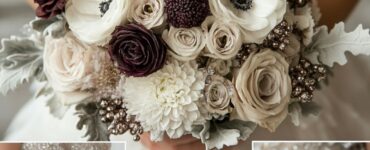 Winter wedding bouquet inspiration with white blooms, jewel tones, rustic elements, and sophisticated blush and silver combinations, celebrating the seasonal charm for winter weddings.