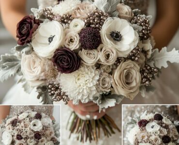 Winter wedding bouquet inspiration with white blooms, jewel tones, rustic elements, and sophisticated blush and silver combinations, celebrating the seasonal charm for winter weddings.